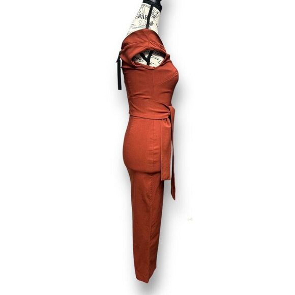 NWT Vesper247 XS Rust Off Shoulder Midi Dress Zip Back Belted Wedding Guest Fall - Picture 3 of 8